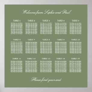 Sage Green 15 Bord Wedding Seating Chart Affisch