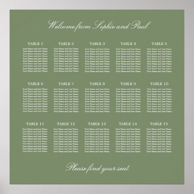 Sage Green 15 Bord Wedding Seating Chart Affisch (Framsidan)