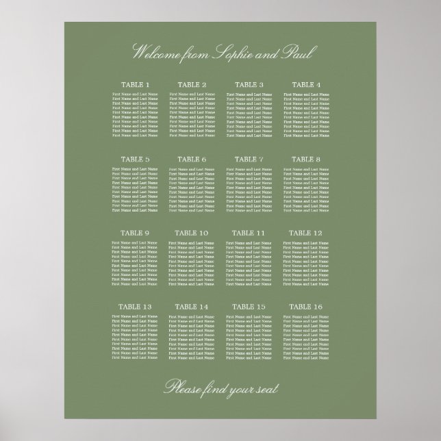 Sage Green 16 Bord Wedding Platsindelning Affisch (Framsidan)