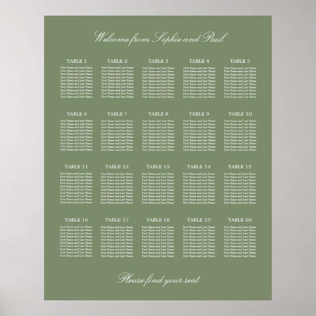 Sage Green 20 Bord Wedding Platsindelning Affisch (Framsidan)