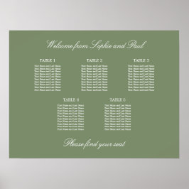 Sage Green 5 Bord Bröllop Placeringsplan Affisch