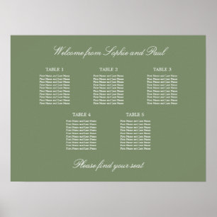 Sage Green 5 Bord Bröllop Placeringsplan Affisch