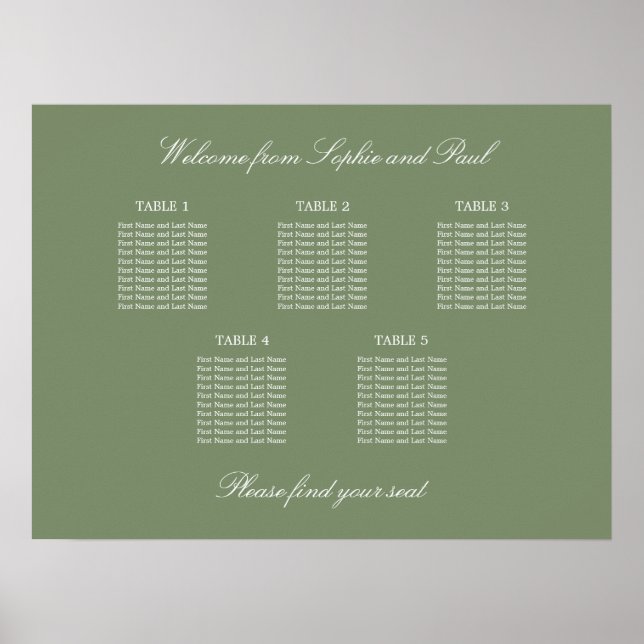Sage Green 5 Bord Bröllop Placeringsplan Affisch (Framsidan)