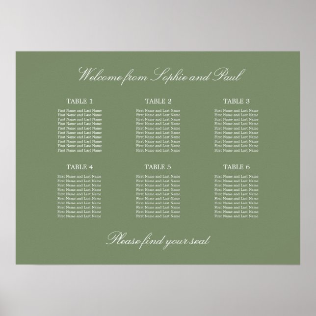Sage Green 6 Bord Bröllop Placeringsplan Affisch (Framsidan)