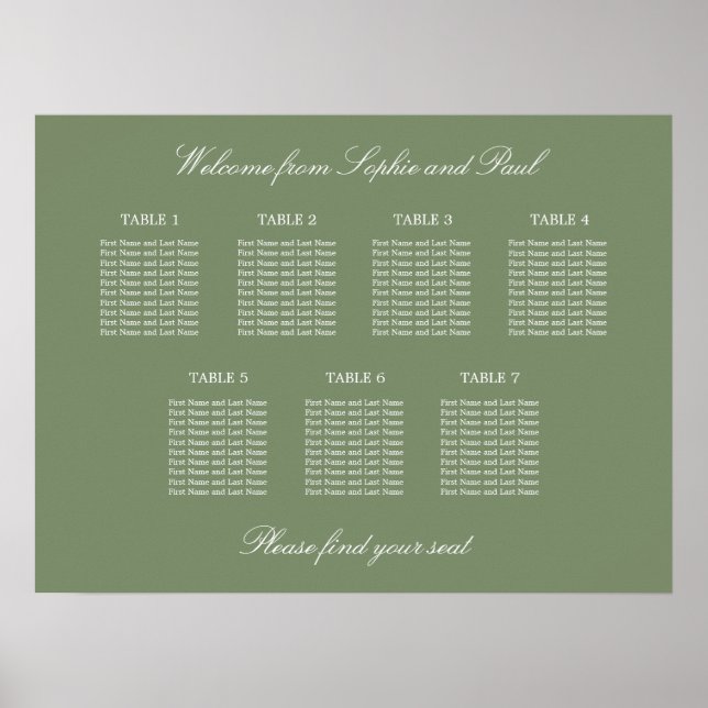 Sage Green 7 Bord Bröllop Placeringsplan Affisch (Framsidan)