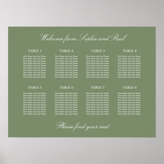 Sage Green 8 Bord Bröllop Placeringsplan Affisch (Framsidan)