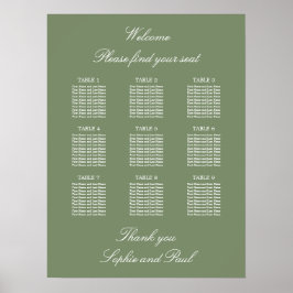Sage Green 9 Bord Bröllop Placeringsplan Affisch