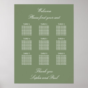 Sage Green 9 Bord Bröllop Placeringsplan Affisch