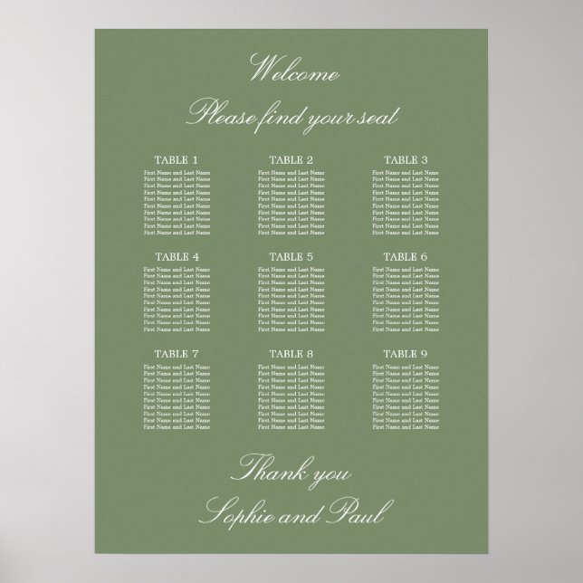 Sage Green 9 Bord Bröllop Placeringsplan Affisch (Framsidan)