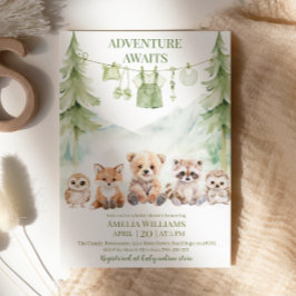 Sage Green Adventure Awaits Woodland Baby Shower Inbjudningar