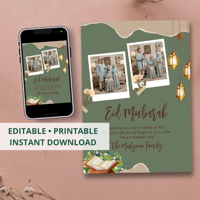 Sage Green Aesthetic Eid Mubarak Card with Photo Julkort (Skapare uppladdad)