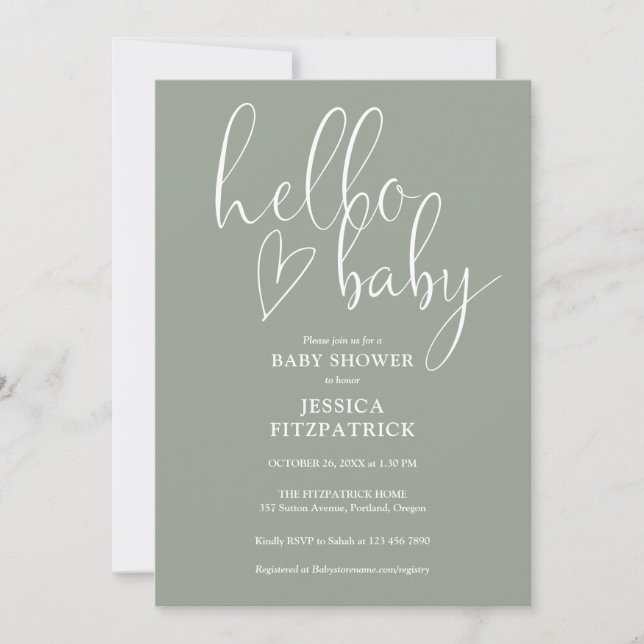 Sage Green All In One QR Code Hello Baby Shower Inbjudningar (Framsida)