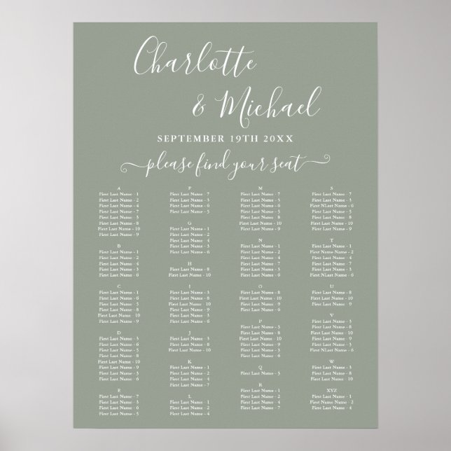 Sage Green Alphabetical Wedding Seating Chart Poster (Framsidan)
