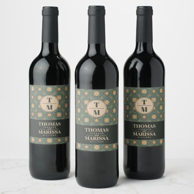 Sage Green and Gold Geometric Wedding Wine Label Vinflaska Etikett (Flaskor)
