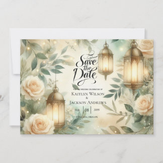 Sage Green and Ivory Rose Lantern Save the Date Spara Datumet