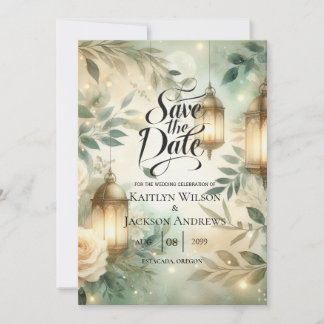 Sage Green and Ivory Rose Lantern Save the Date Spara Datumet