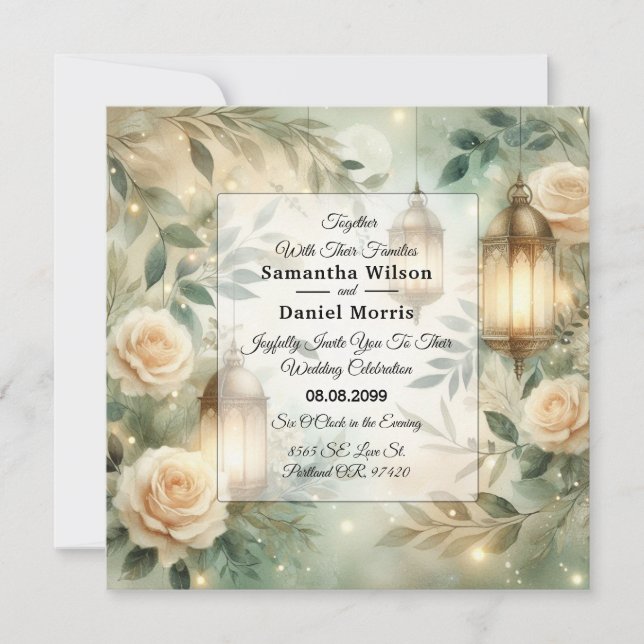 Sage Green and Ivory Rose Lantern Wedding Inbjudningar (Framsida)