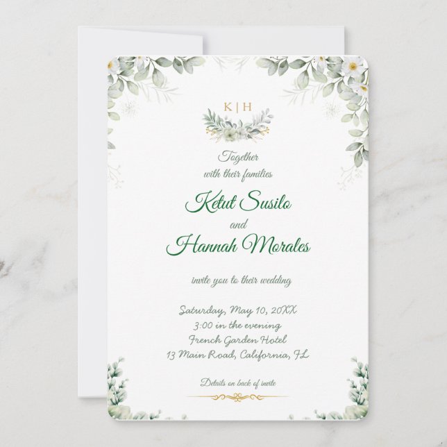 sage green and navy blue wedding invitations tack kort (Framsida)