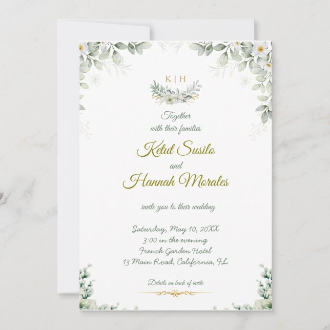 sage green and navy blue wedding invitations tack kort (Framsida)