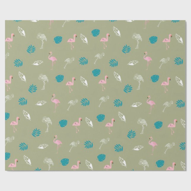 Sage Green and Pink Flamingo Wrapping Paper Presentpapper (Platt)