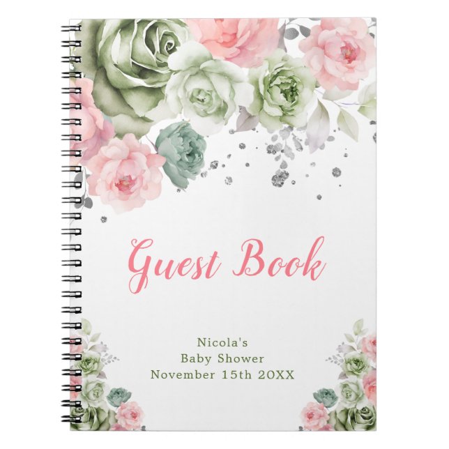 Sage Green and Pink Floral Baby Shower Guest Book Anteckningsbok (Framsidan)