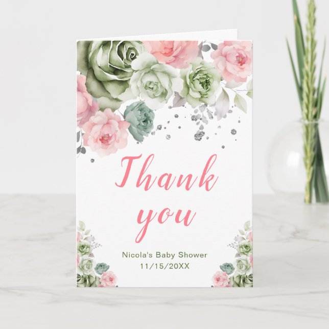 Sage Green and Pink Floral Baby Shower Tack Kort (Framsida)