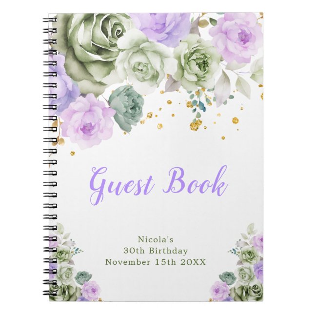 Sage Green and Purple Floral Birthday Guest Book Anteckningsbok (Framsidan)