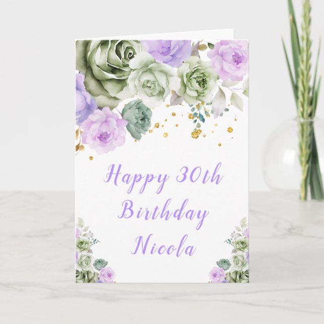 Sage Green and Purple Floral Birthday Kort (Framsida)