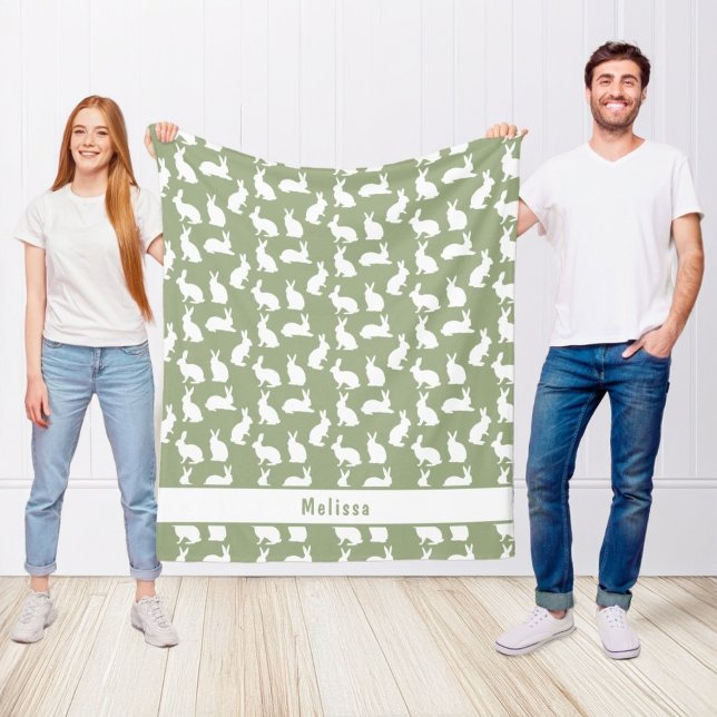 Sage Green And White Bunny Pattern And Name Easter Fleecefilt (Skapare uppladdad)