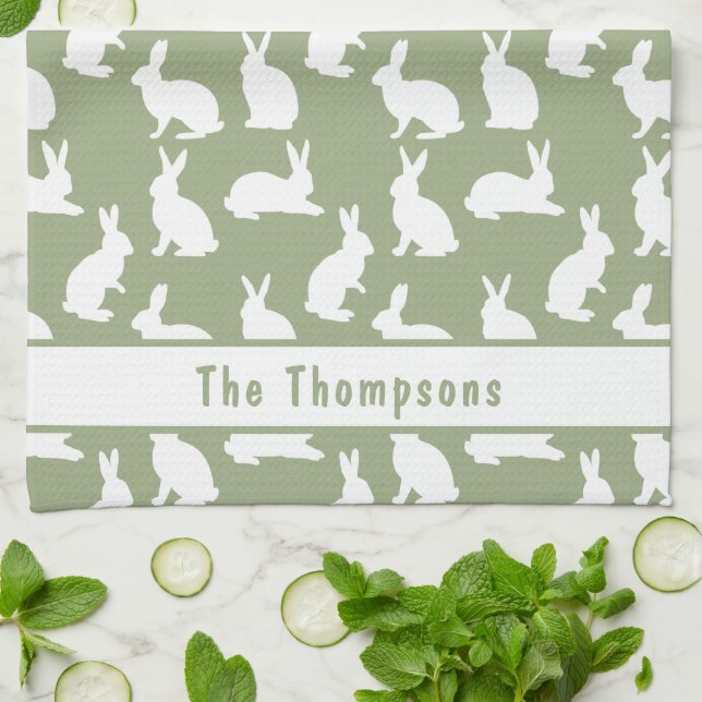 Sage Green And White Bunny Pattern And Name Easter Kökshandduk (Vikta)