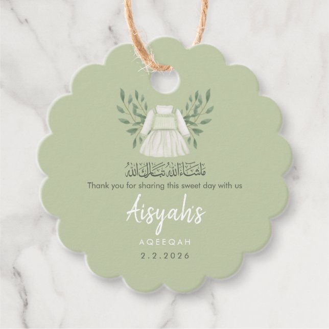Sage Green Aqiqah Presentetikett - Tack Etikett (Framsida)