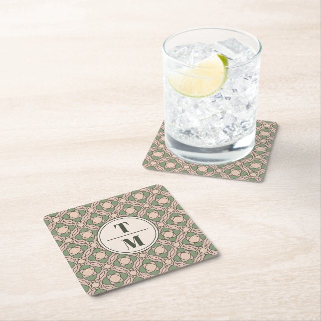 Sage Green Art Deco Wedding Monogram Coaster Underlägg Papper Kvadrat (Insitu)