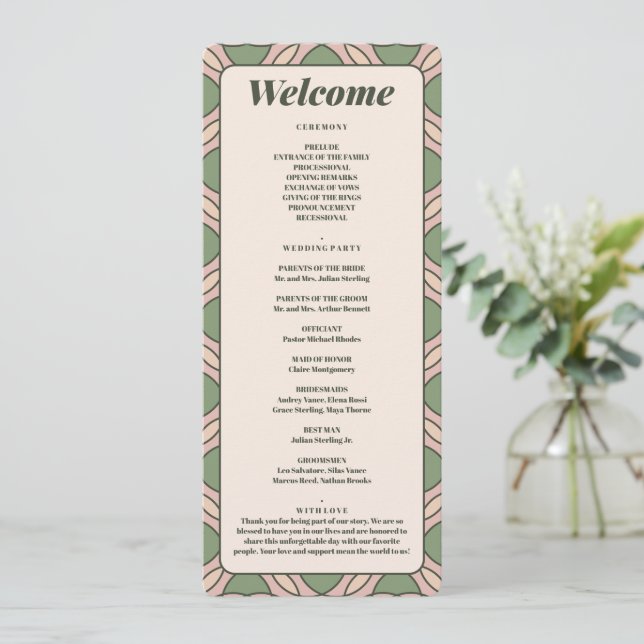 Sage Green Art Deco Wedding Program Card (Stående Fram)