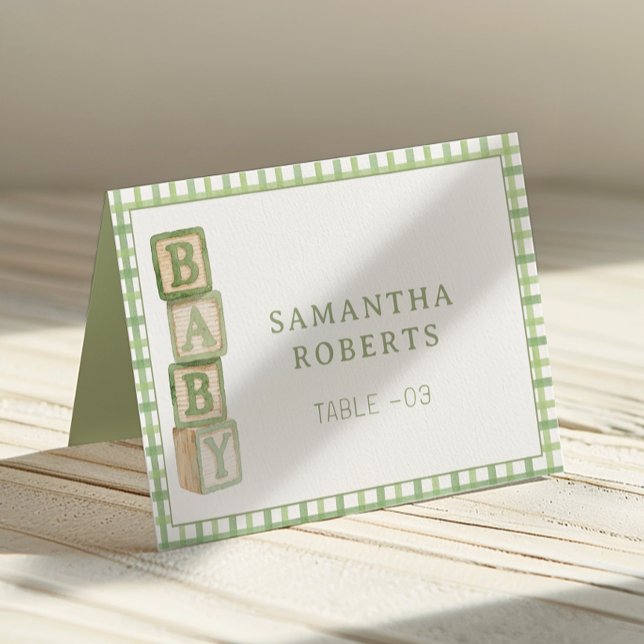 Sage Green Baby Blocks Editable Tent Cards Bordsnummer (Baby Shower Table Number)