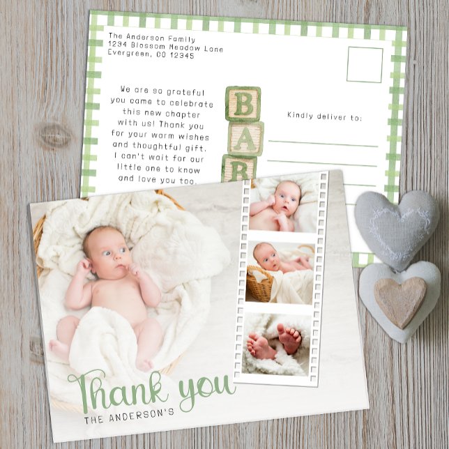Sage Green Baby Shower Thank You Photo Card Vykort (Baby Shower Thank You Postcard)