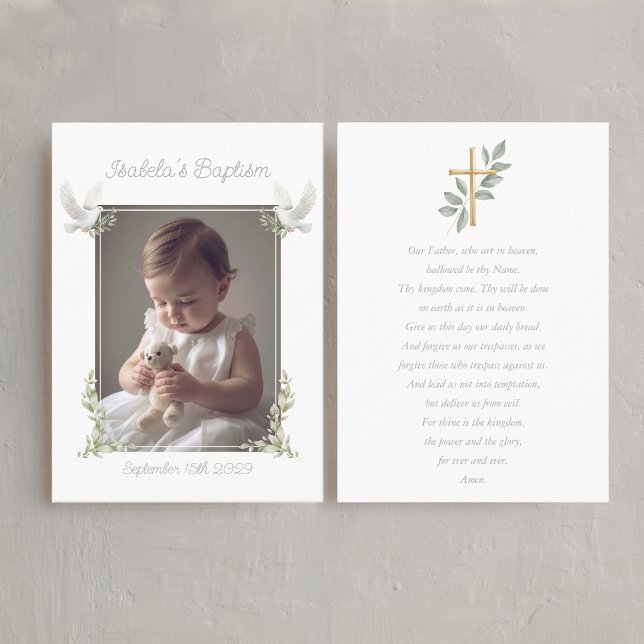 Sage Green Baptism Photo Lord's Prayer Card Visitkort (Baptism Lord's prayer Card with Photo)