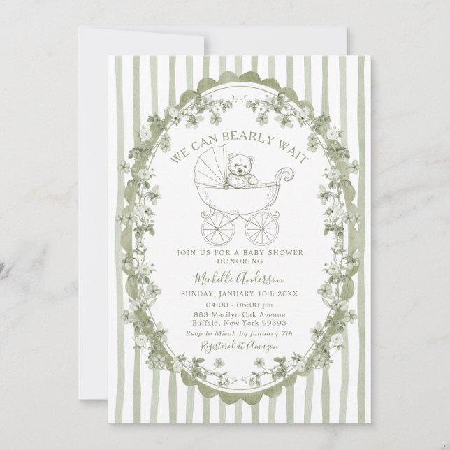 Sage Green Bear Baby Shower Invitation Inbjudningar (Framsida)