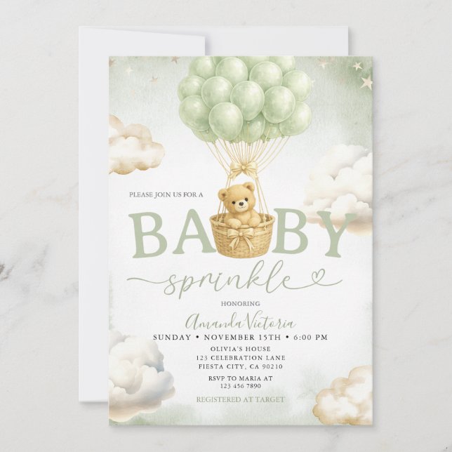 Sage Green Bear Cloud Balloon Baby Shower Inbjudningar (Framsida)