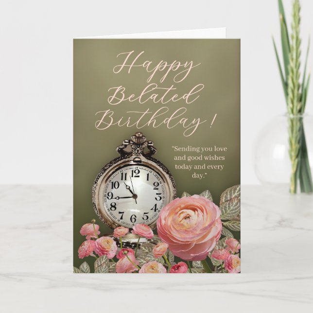 Sage Green Beige Floral Belated Birthday Card Kort (Framsida)
