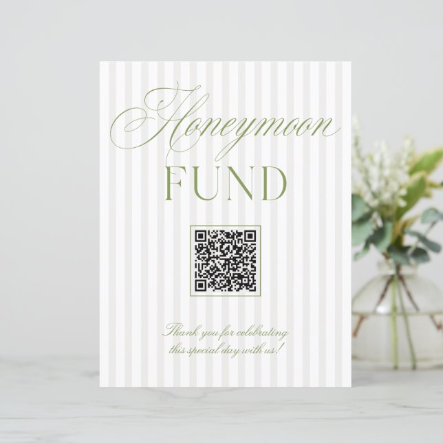 Sage Green & Beige Honeymoon Fund QR Code Sign (Stående Fram)