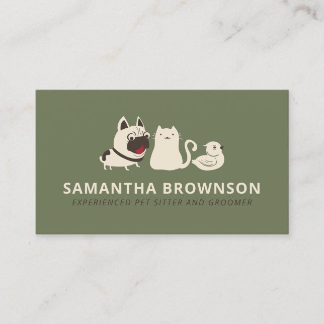 Sage Green Beige Hund Katt Fågel Pet Sitter Visitkort (Framsida)