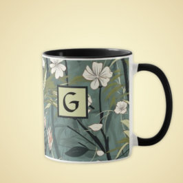 Sage Green Black Floral Japanese Style Monogram  Mugg
