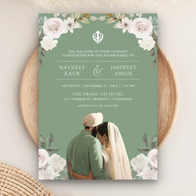 Sage Green Blommig Anand Karaj Indisk Sikh Bröllop Inbjudningar (Skapare uppladdad)