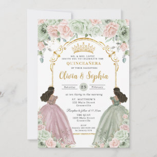 Sage Green Blush Blommig Brun Tvilling Quinceañera Inbjudningar