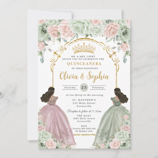 Sage Green Blush Floral Brown Twins Quinceañera  Inbjudningar (Framsida)