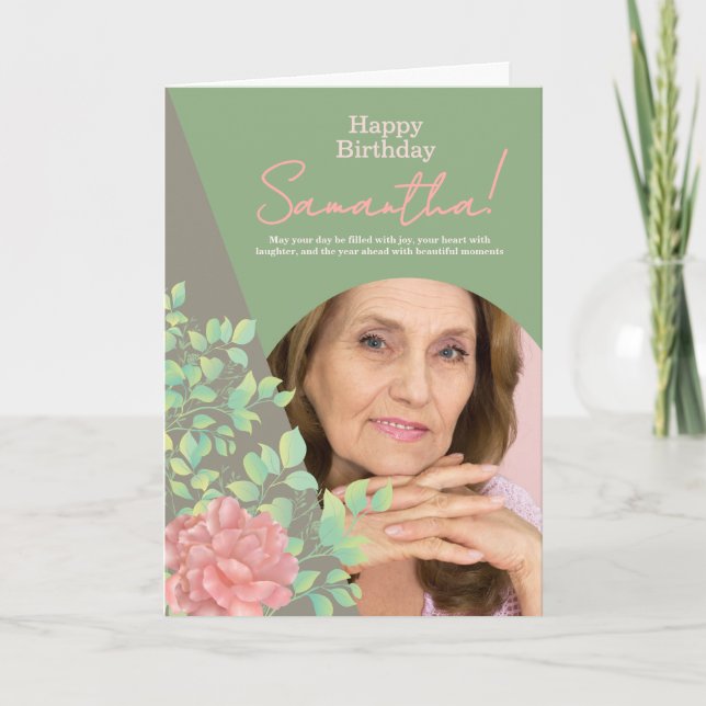 Sage Green Blush Floral Photo Birthday Greeting Kort (Framsida)
