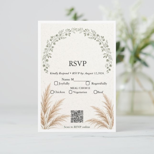 Sage Green Boho Eukalyptus Pampas Grass QR-kod RS OSA Kort (Stående Fram)