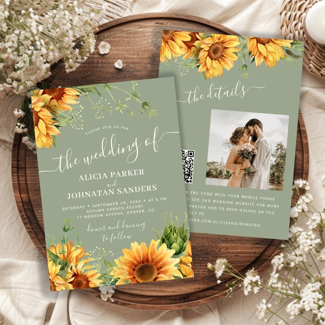 Sage green boho floral sunflower wedding inbjudningar (Skapare uppladdad)