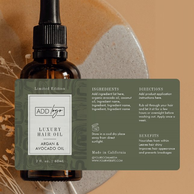 Sage Green Boho Pattern Logo 2OZ Dropper Bottle Fraktsedel (Elegant earthy sage green tones custom logo cosmetic bottle wrap around label design )