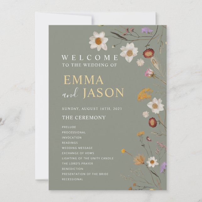 Sage Green Boho Vildblomma Bröllopsprogram Inbjudningar (Framsida)